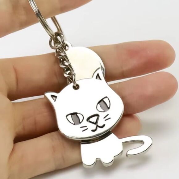 Kawaii Cat Charm • Silver Rotating Body Keychain • Cute Gift -New - Picture 2 of 9